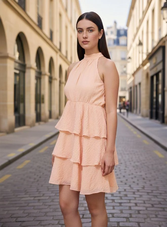 مرفوعة Women Fit and Flared Textured Halter Neck Sleeveless Mini Dress